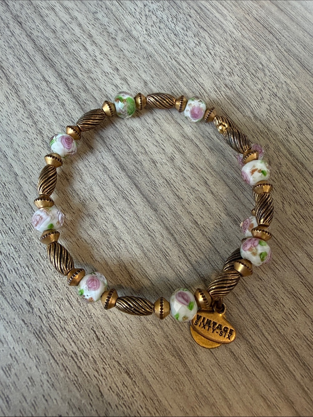 Alex and Ani Pink Rose Bead and Gold-Tone Charm Bracelet
